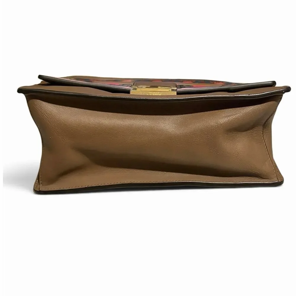 Fendi Kan I Medium FF Logo Print Flap Shoulder Bag Gold Chain Crossbody Khaki